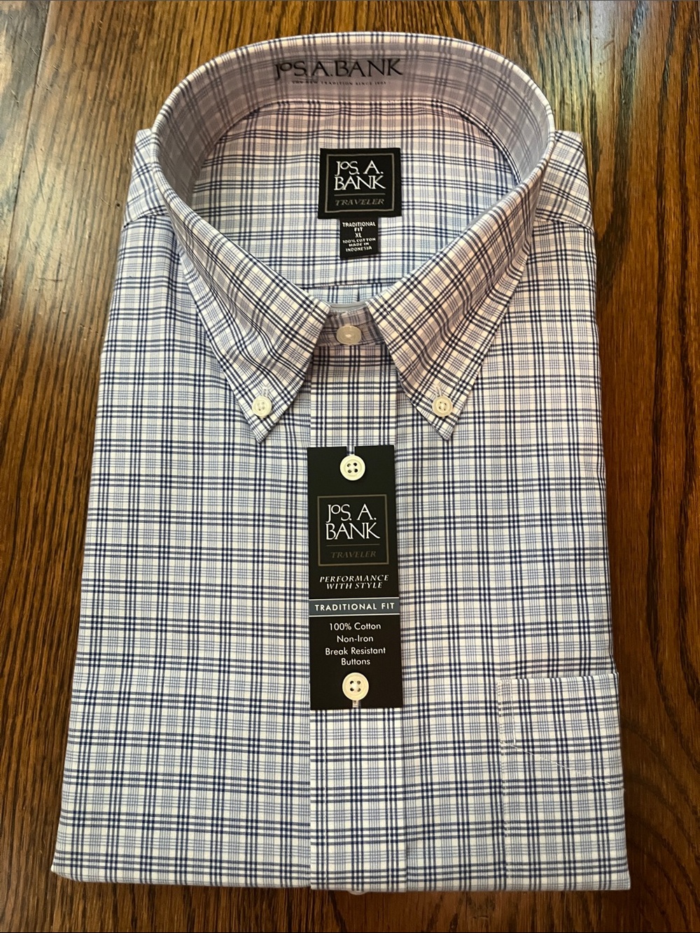 Jos. A. Bank Men's White and Blue Plaid Button-Down Dress Shirt
